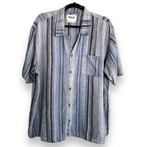 FLAX Linen Striped Blue Button Front Camp Shirt Size Medium